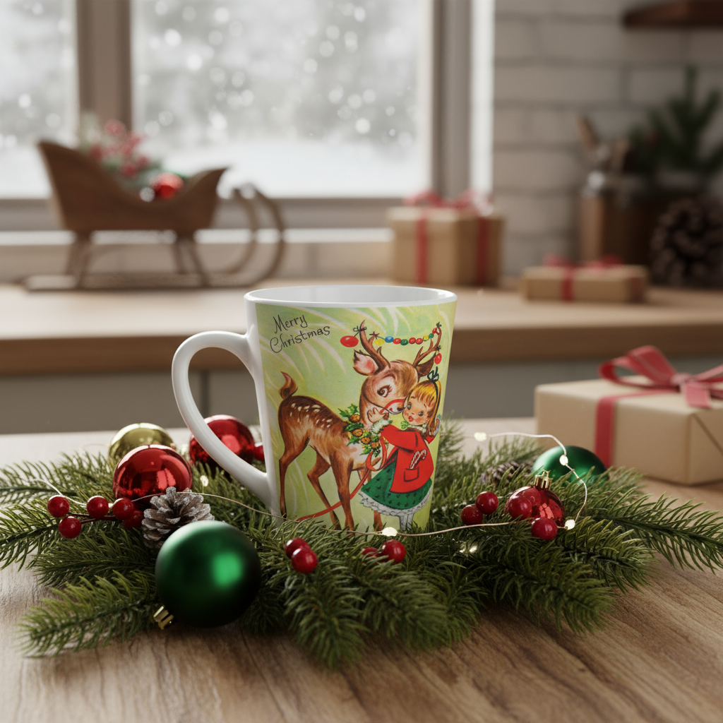 Merry Christmas Girl With Reindeer Retro Christmas Print Latte Coffee Mug