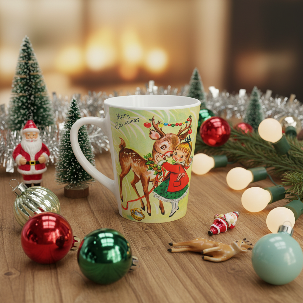 Merry Christmas Girl With Reindeer Retro Christmas Print Latte Coffee Mug