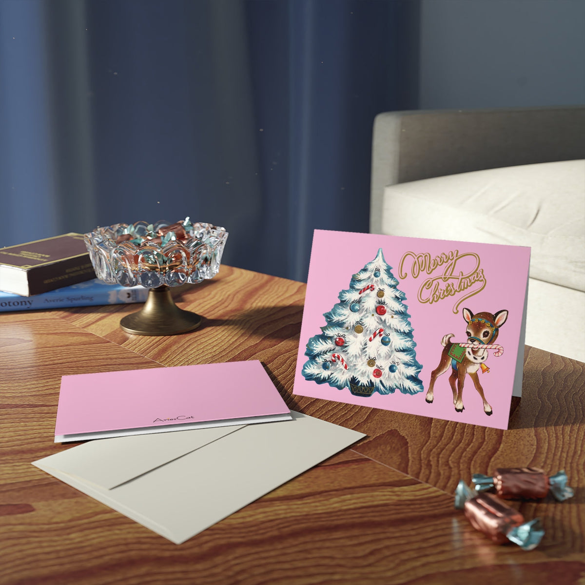 Merry Christmas Reindeer Tree Mid Century Retro Matte Greeting Cards (8, 16, and 24 pcs)
