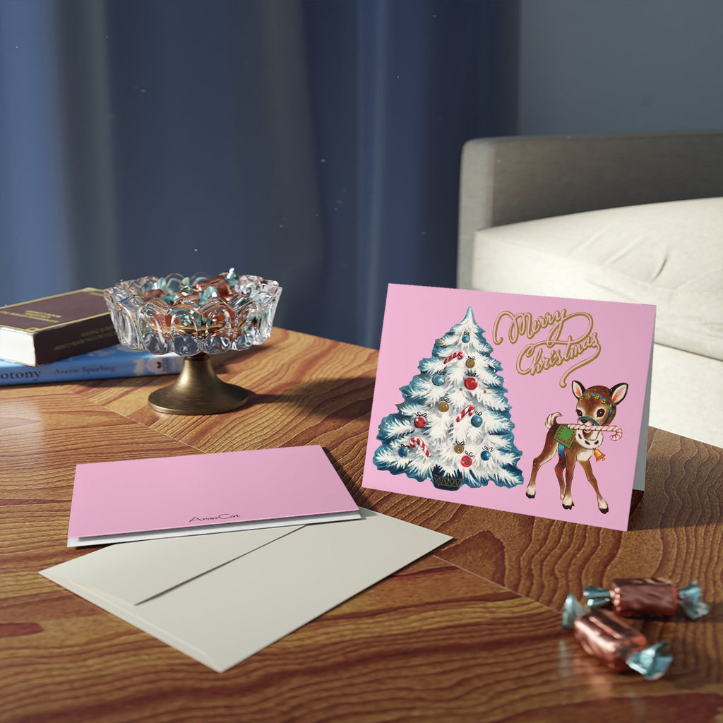 Merry Christmas Reindeer Tree Mid Century Retro Matte Greeting Cards (8, 16, and 24 pcs)