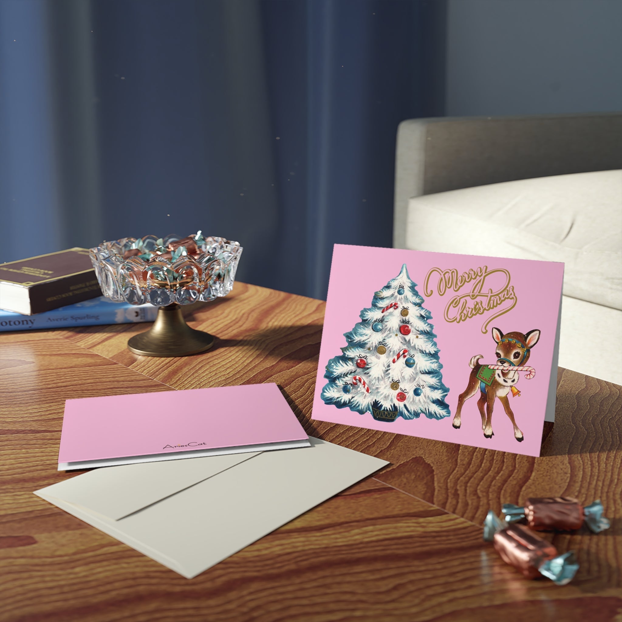 Merry Christmas Reindeer Tree Mid Century Retro Matte Greeting Cards (8, 16, and 24 pcs)