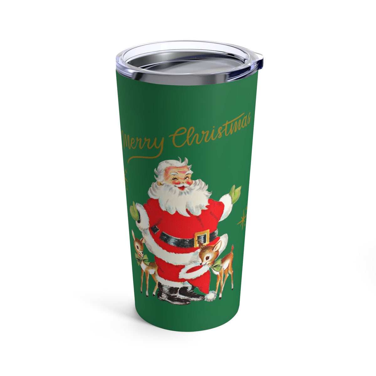 Merry Christmas Santa Reindeer Gold Stars Mid Century Retro Christmas Print Stainless Steel Tumbler 20oz