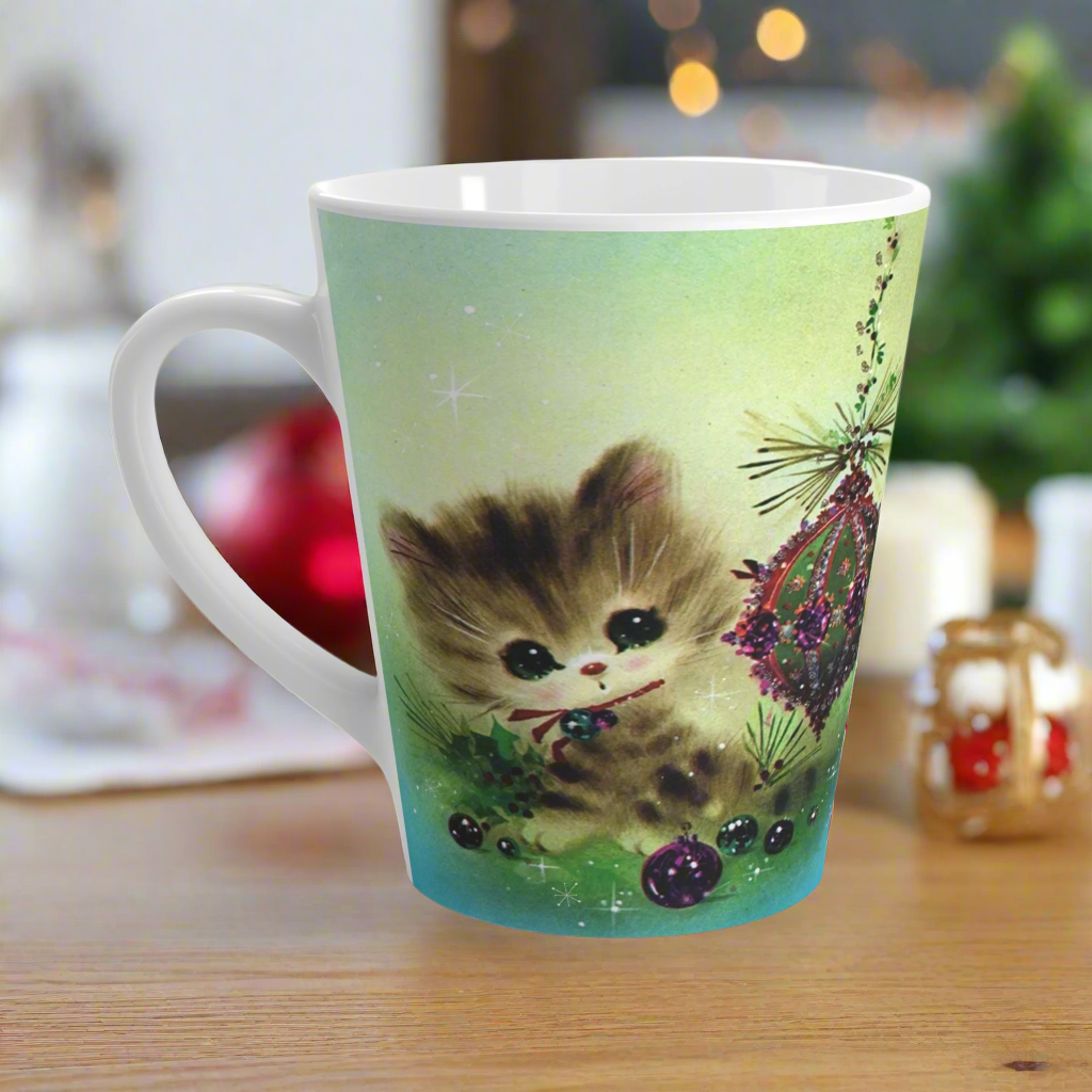 Christmas Kitten With Ornaments Retro Latte Coffee Mug