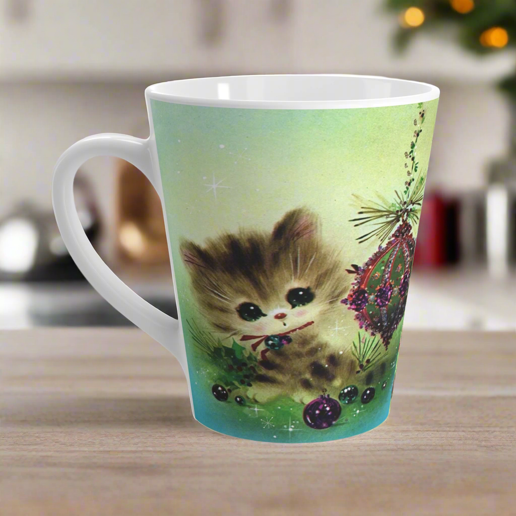 Christmas Kitten With Ornaments Retro Latte Coffee Mug