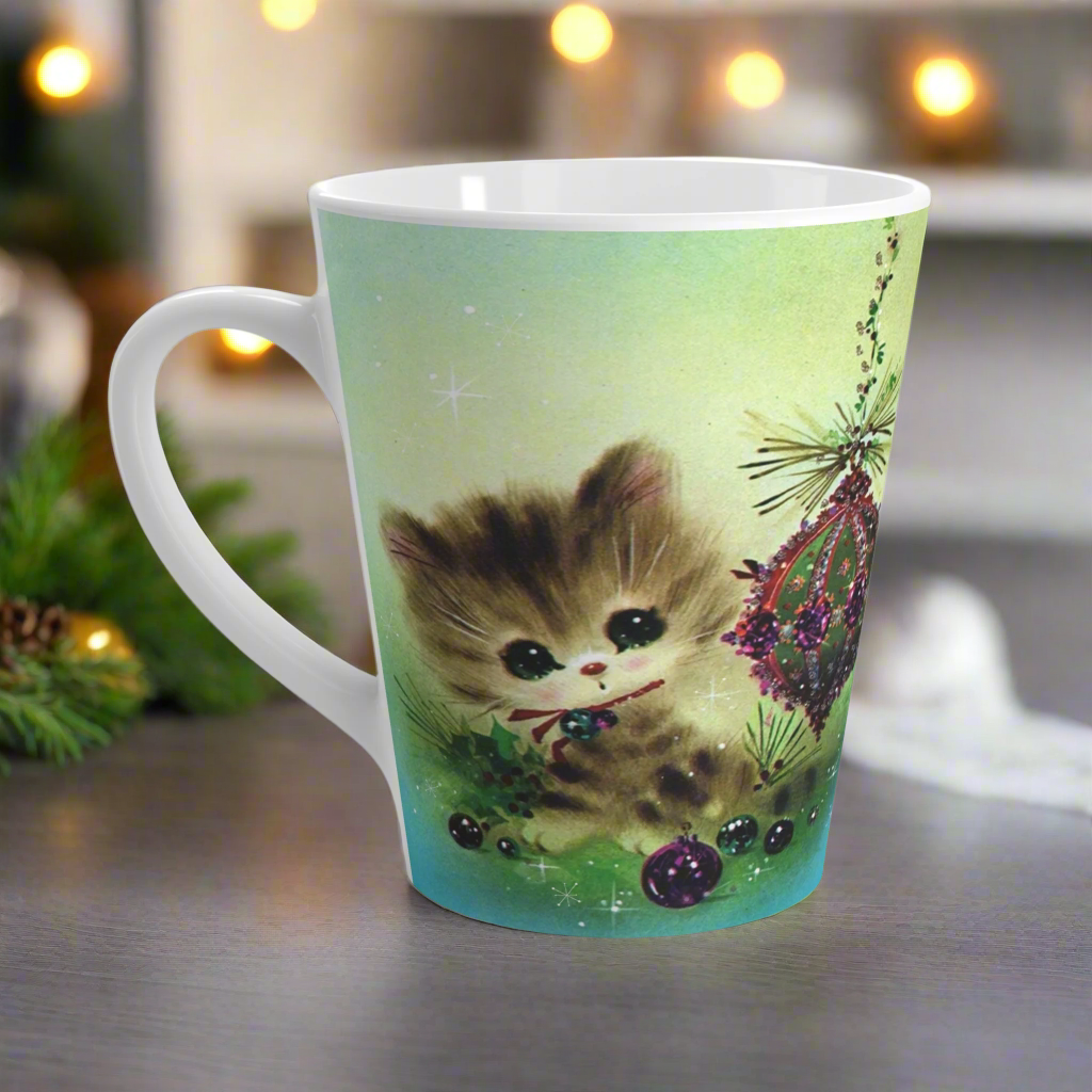 Christmas Kitten With Ornaments Retro Latte Coffee Mug