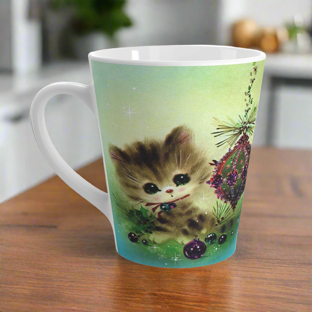 Christmas Kitten With Ornaments Retro Latte Coffee Mug