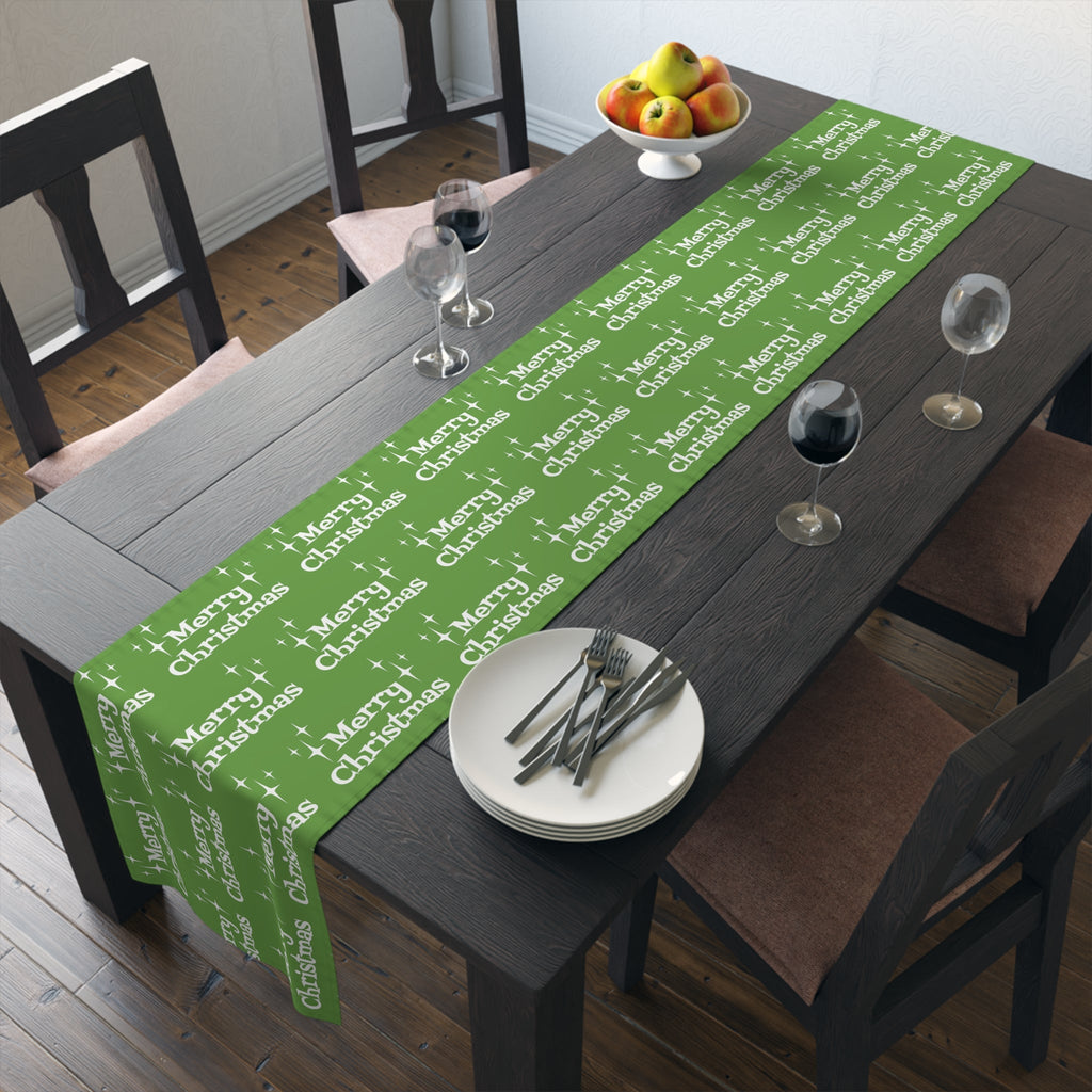 Merry Christmas Starburst Atomic Mid Century Retro Style Christmas Decor Green Cotton Poly Table Runner