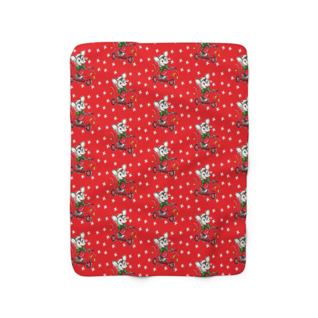 Christmas Mouse On Scooter Stars Red Mid Century Retro Style Christmas Sherpa Fleece Blanket