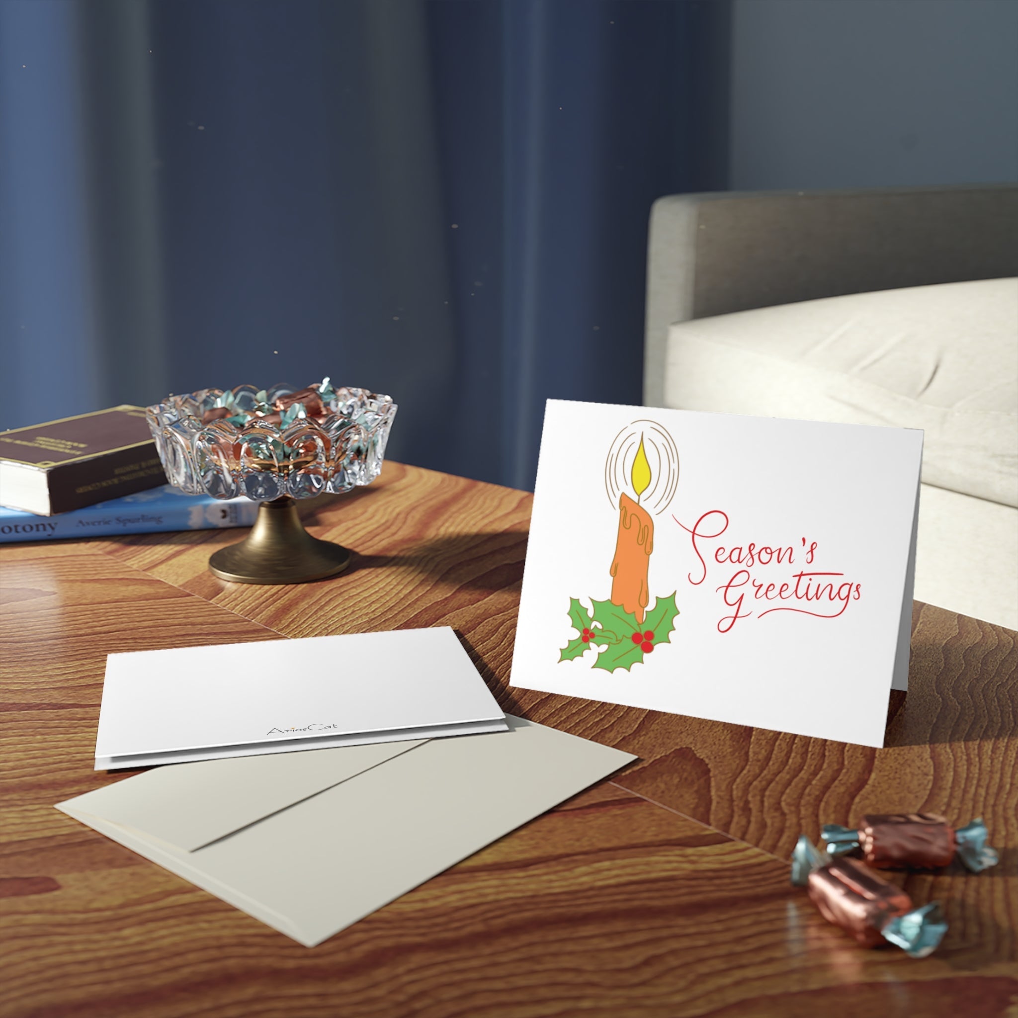 Season's Greetings Christmas Candle Retro Christmas Style Matte Greeting Cards (8, 16, and 24 pcs)