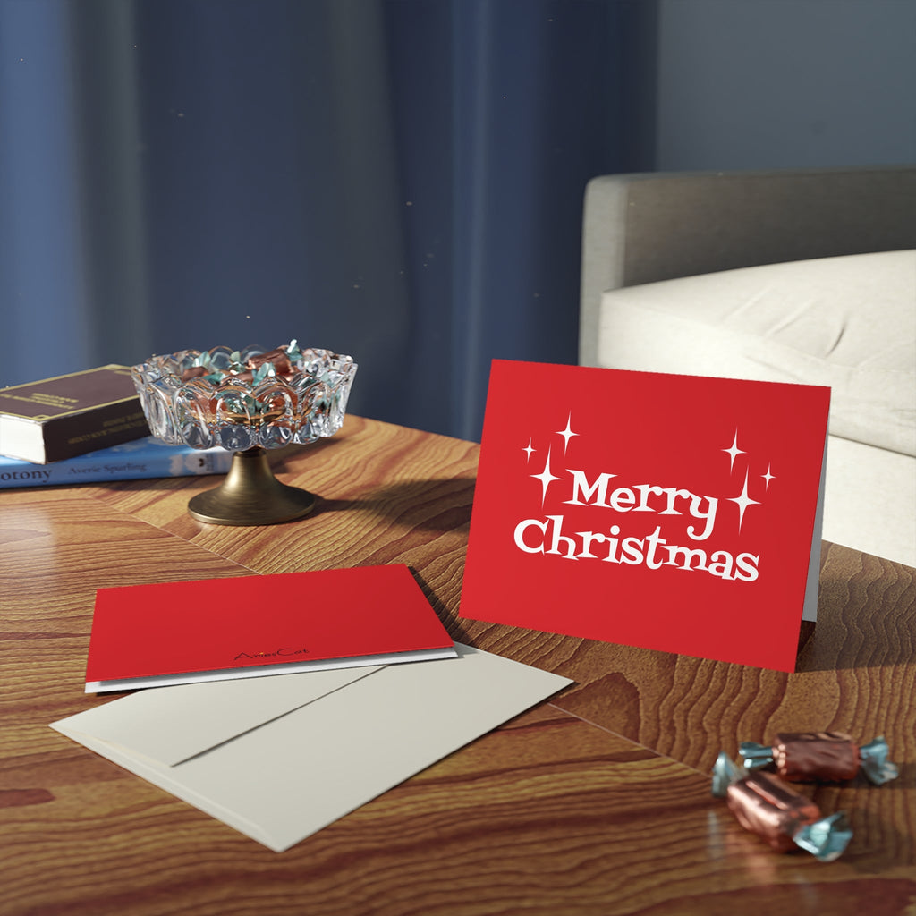 Merry Christmas Starburst Atomic Mid Century Retro Christmas Style Red Matte Greeting Cards (8, 16, and 24 pcs)