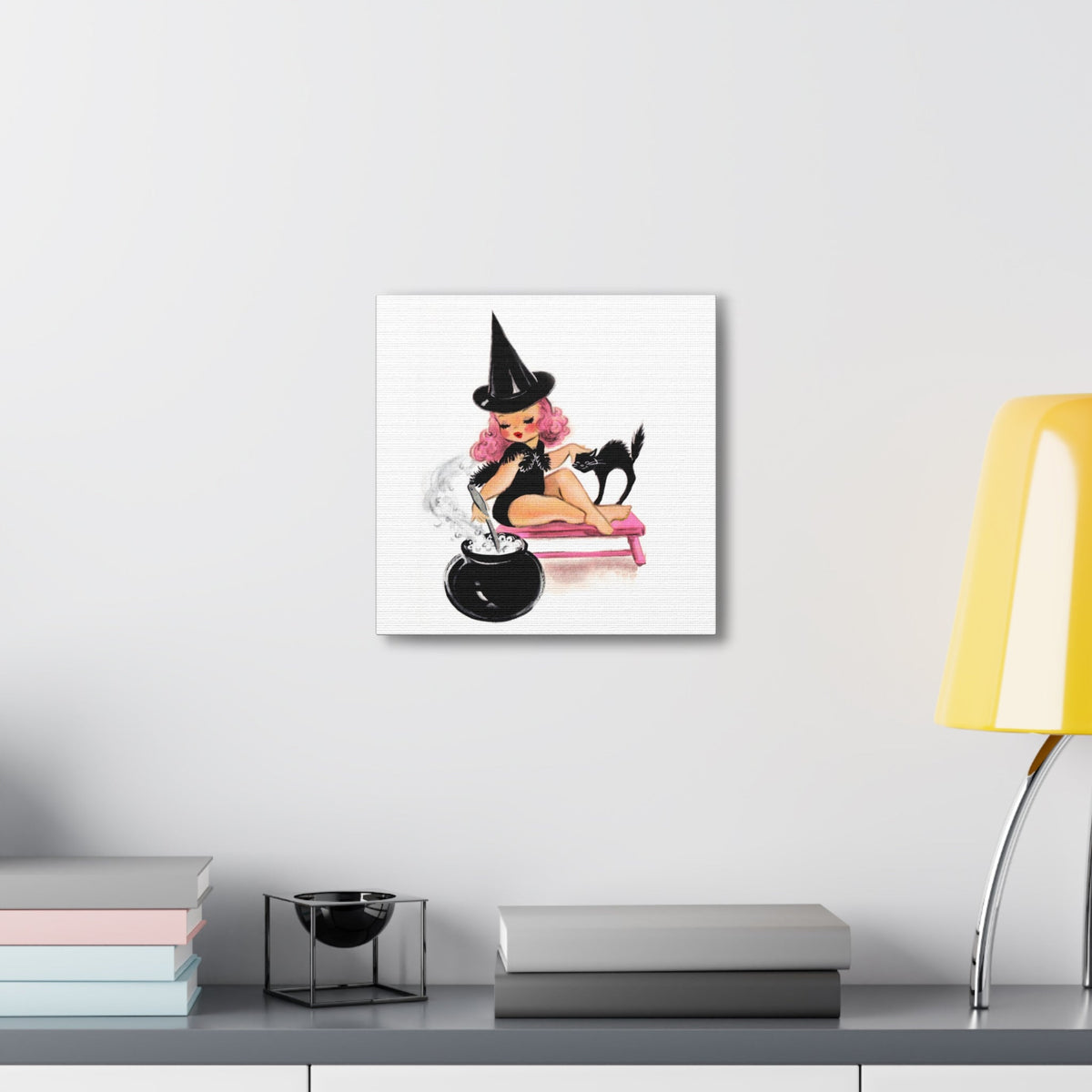 Pink Witch Black Cat Retro Halloween Decor Print Canvas Gallery Wrap