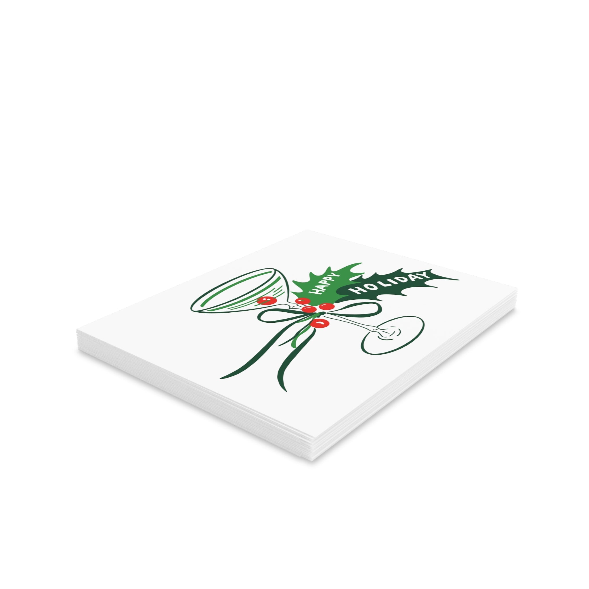 Happy Holiday Champagne Glass Holly Mid Century Retro Christmas Print Matte Greeting Cards (8, 16, and 24 pcs)