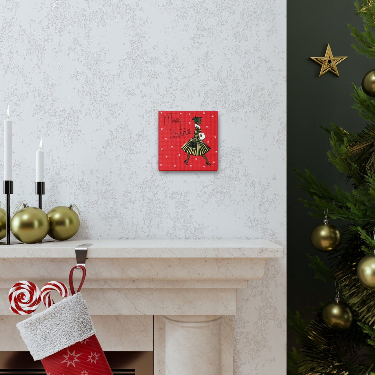 Merry Christmas Lady Mid Century Retro Print Canvas Gallery Wrap