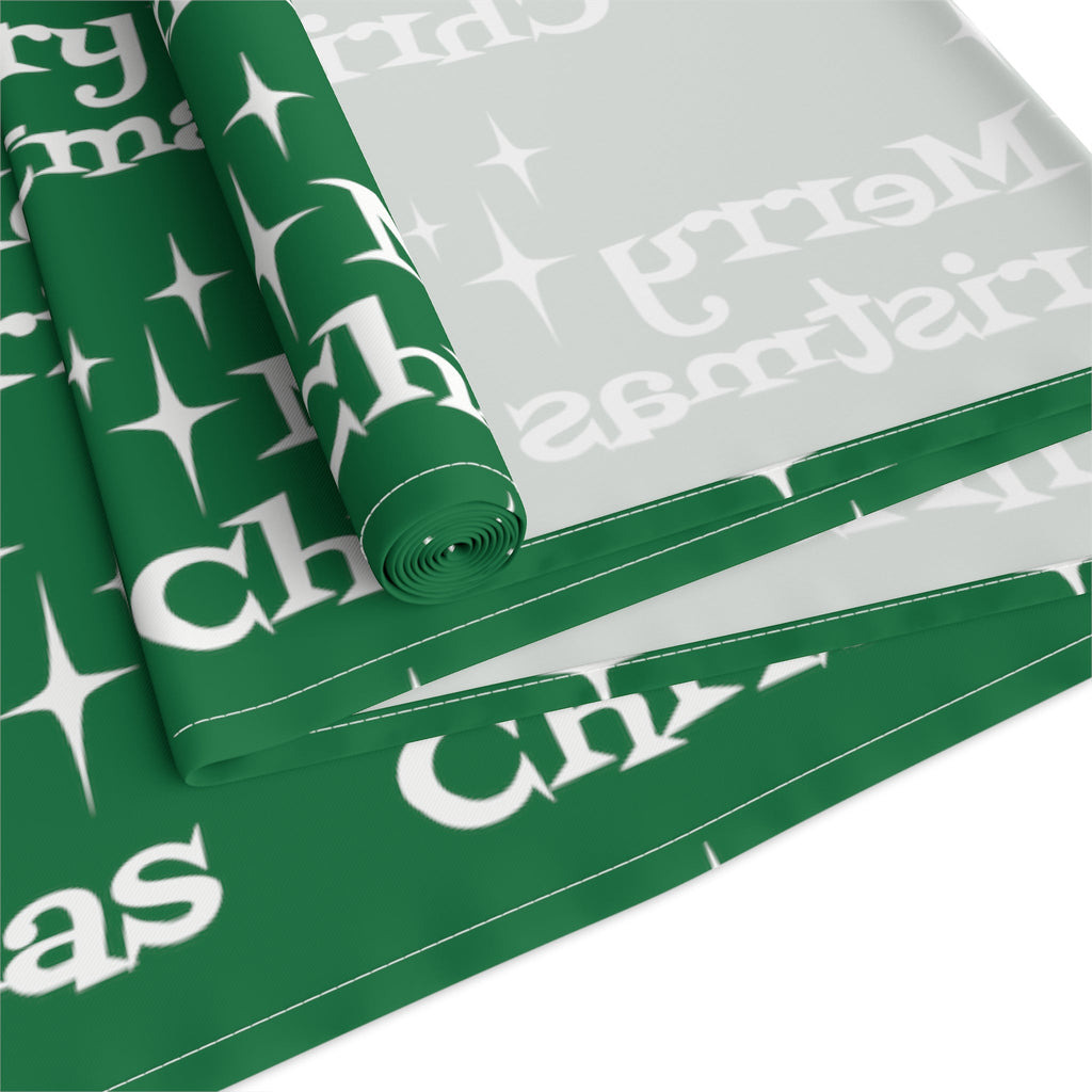Merry Christmas Starburst Atomic Mid Century Retro Style Christmas Decor Green Cotton Poly Table Runner