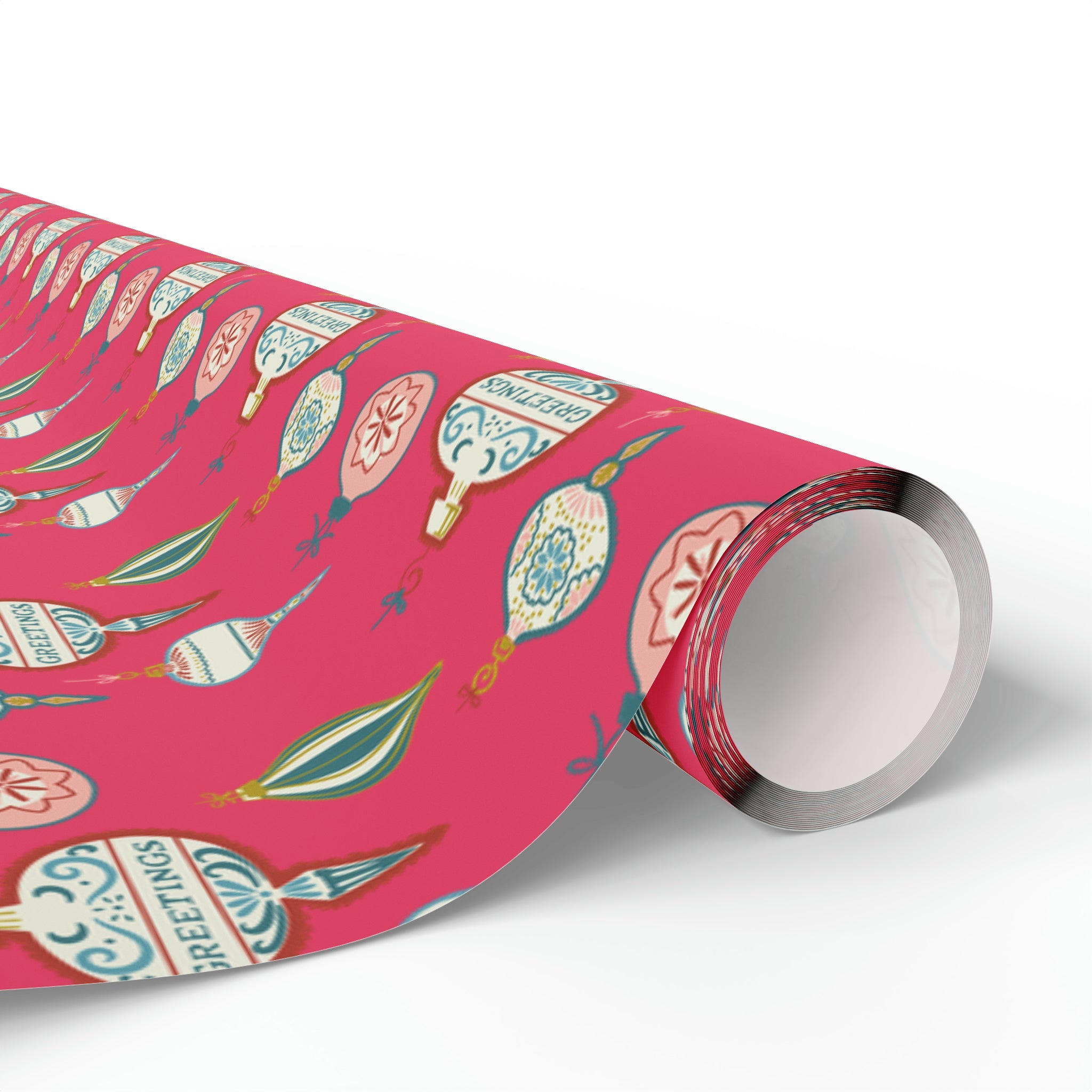 Greetings Christmas Ornaments Pink Retro Style Christmas Holiday Gift Wrap Paper - Glossy Or Matte