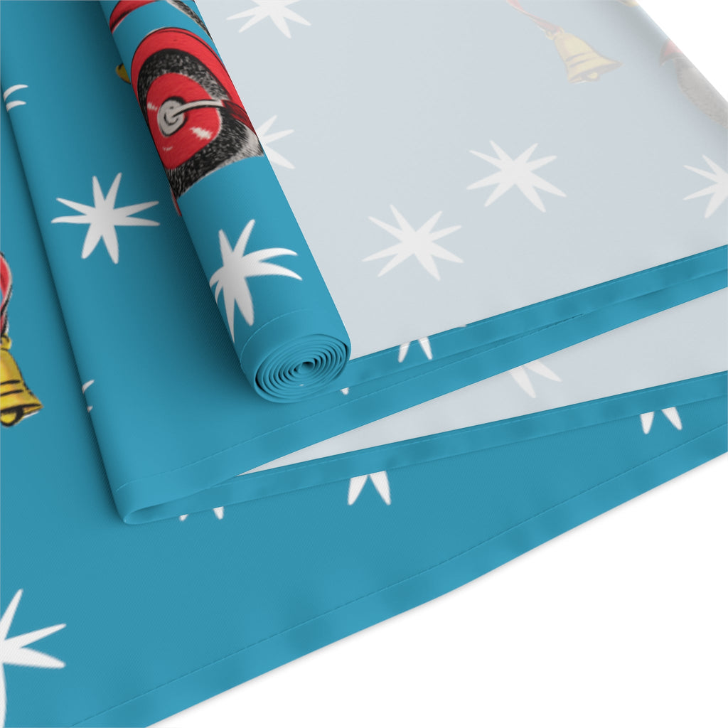 Christmas Mouse On Scooter Blue Mid Century Retro Christmas Print Home Decor Cotton Poly Table Runner