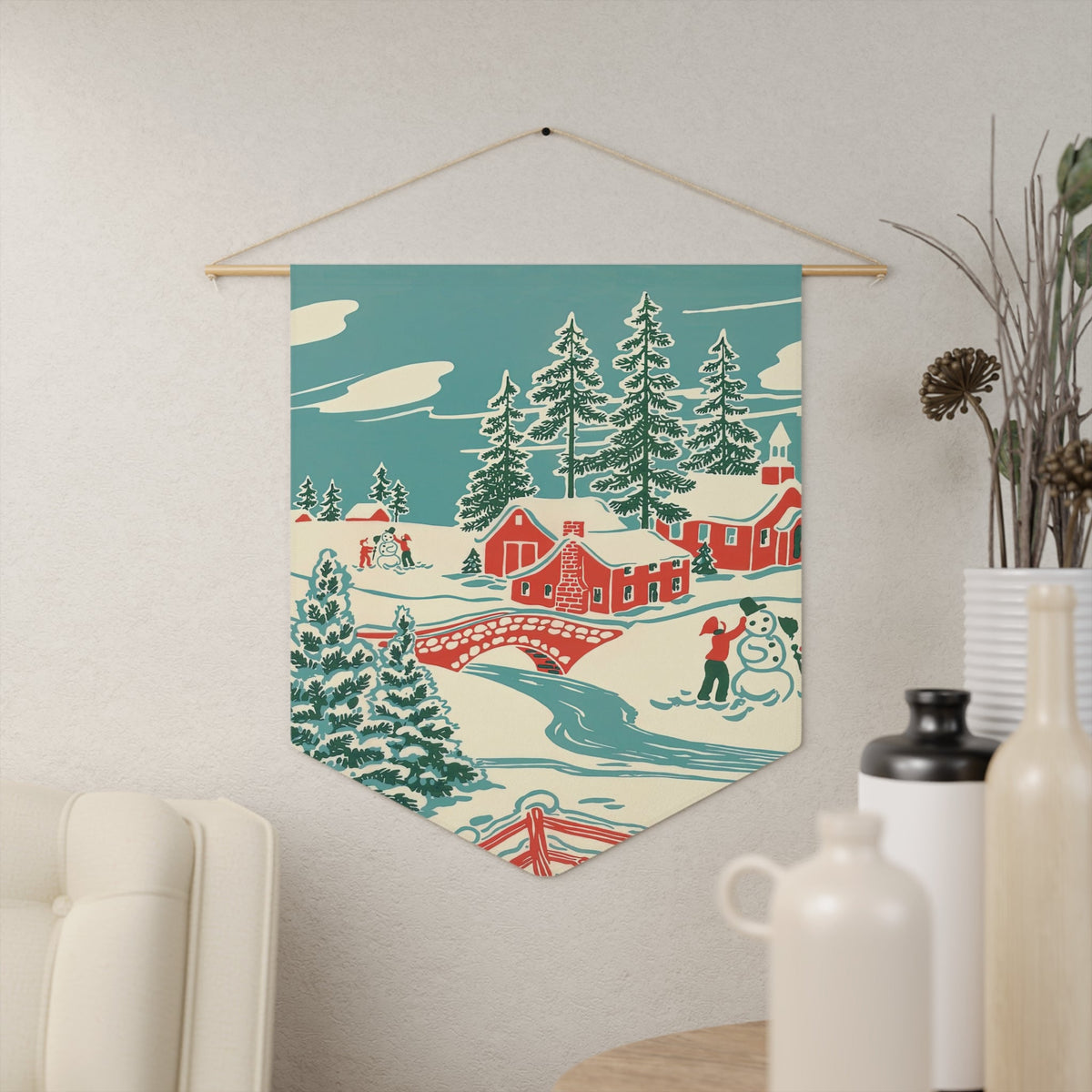 Christmas Winter Scene Mid Century Retro Christmas Print Wall Hanging Banner Flag