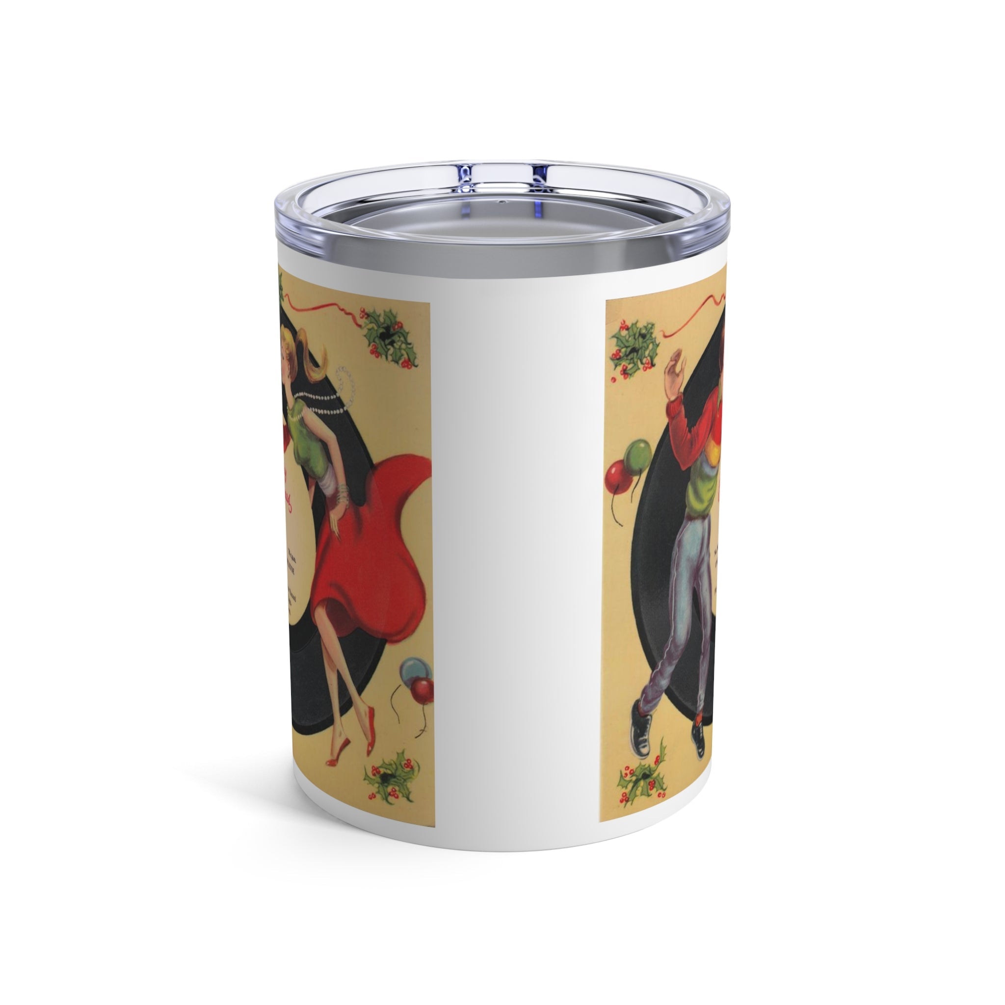 Merry Christmas Couple Kissing Under Mistletoe Record Retro Christmas Print Stainless Steel Tumbler 10oz