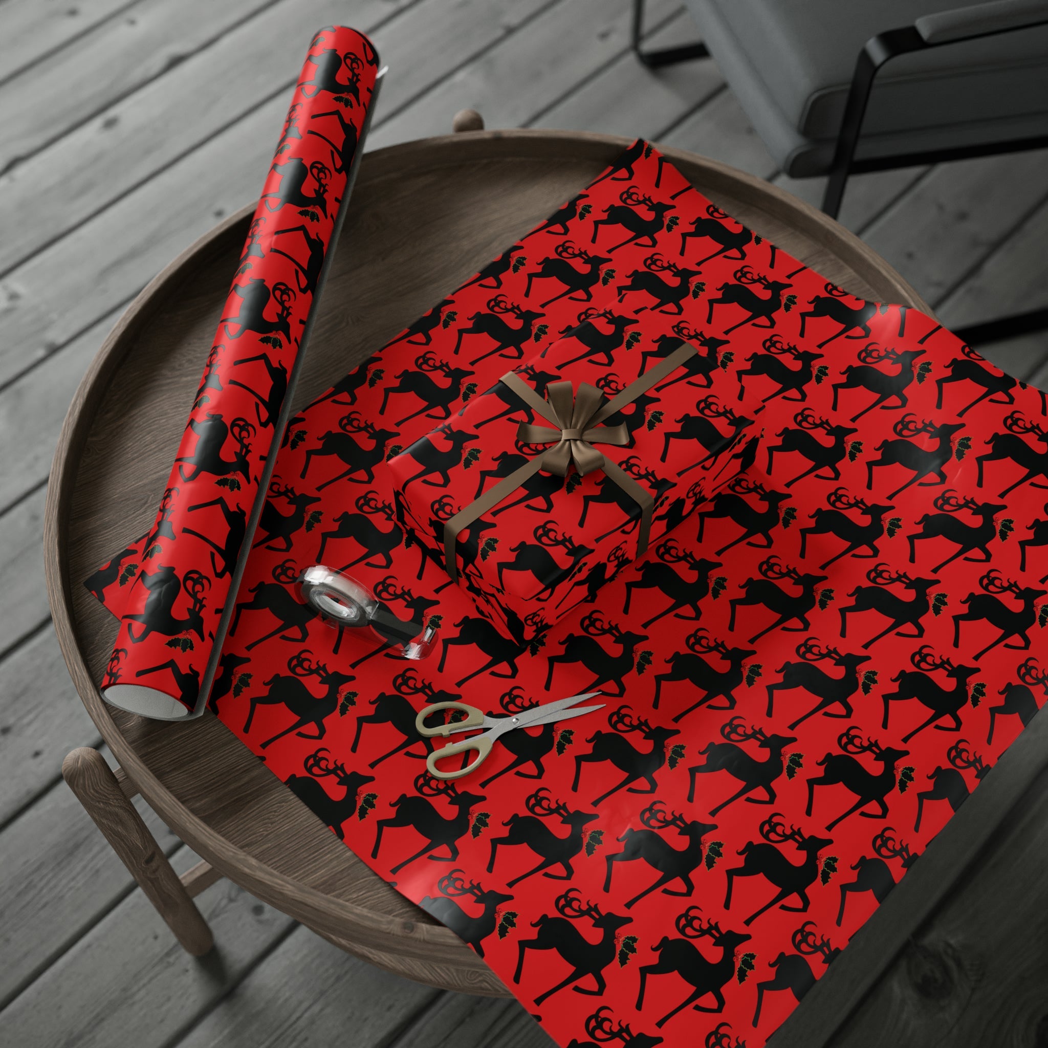 Reindeer Silhouette Red Mid Century Retro Christmas Print Holiday Gift Wrap Paper - Glossy Or Matte