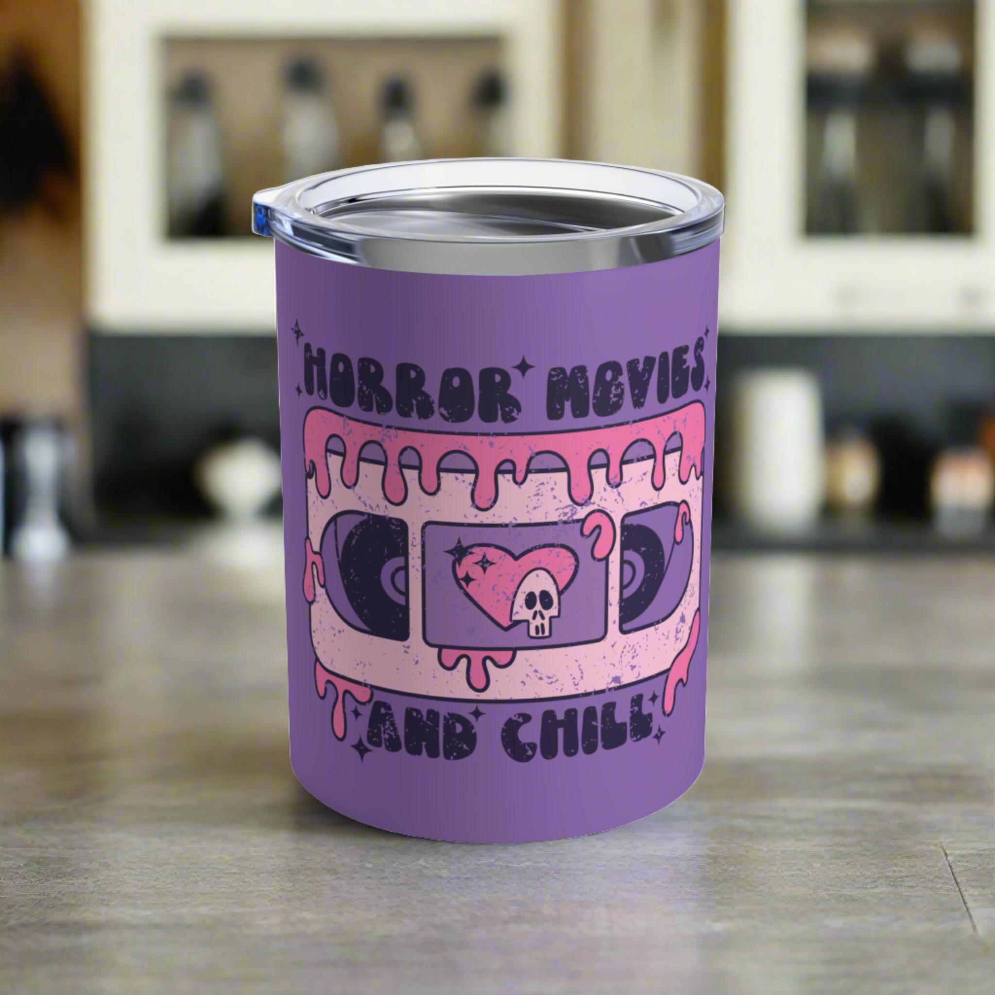 Horror Movies And Chill VHS Distressed Purple Halloween Retro Stainless Steel Tumbler 10oz