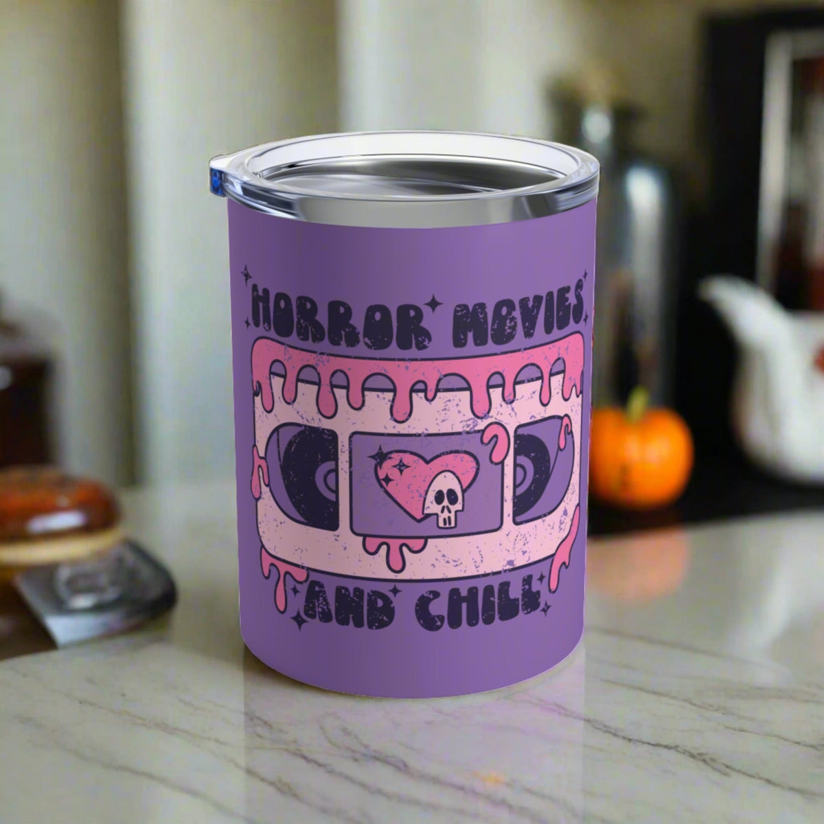 Horror Movies And Chill VHS Distressed Purple Halloween Retro Stainless Steel Tumbler 10oz