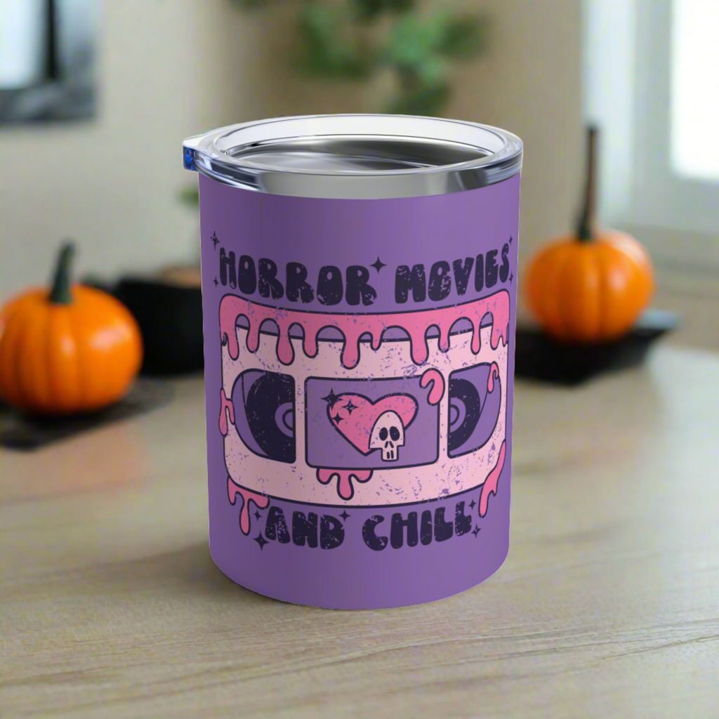 Horror Movies And Chill VHS Distressed Purple Halloween Retro Stainless Steel Tumbler 10oz