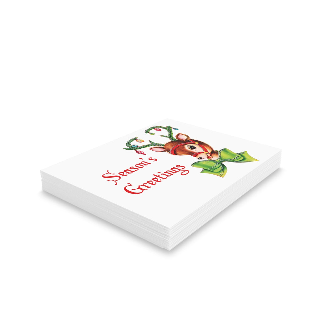 Season's Greetings Reindeer Ornament Tinsel Antlers Mid Century Retro Christmas Print Matte Greeting Cards (8, 16, and 24 pcs)