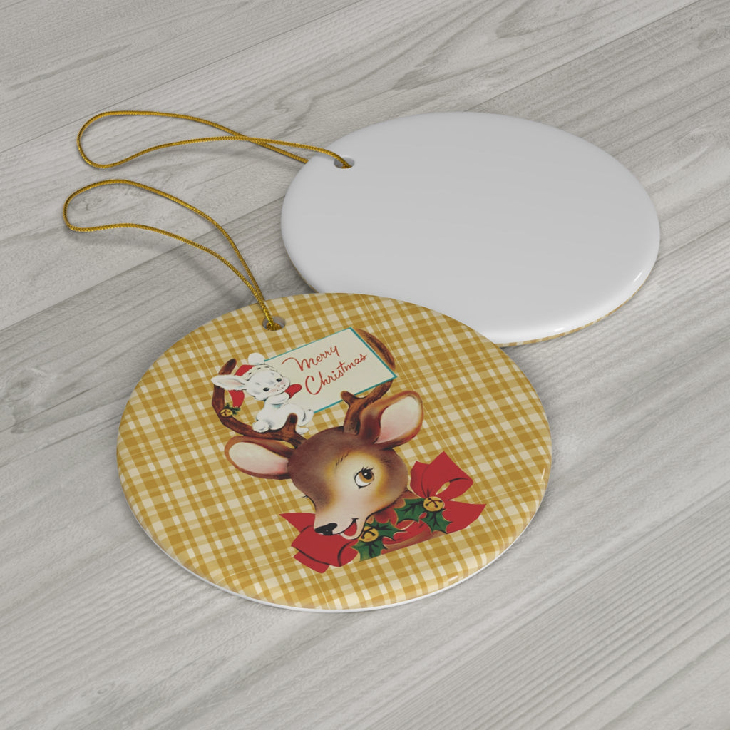 Merry Christmas Reindeer And Bunny Yellow Plaid Mid Century Retro Christmas Print Ceramic Ornament