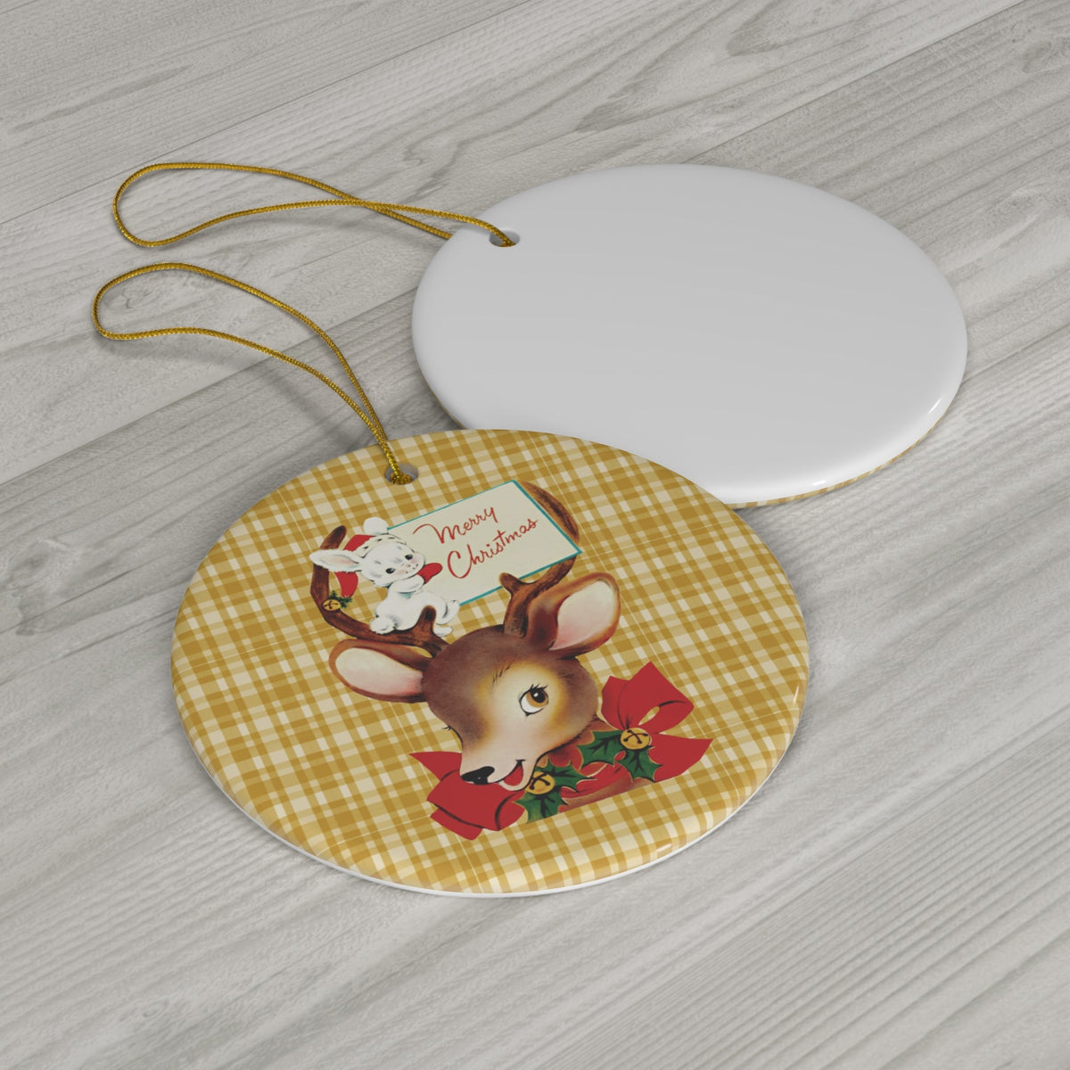 Merry Christmas Reindeer And Bunny Yellow Plaid Mid Century Retro Christmas Print Ceramic Ornament