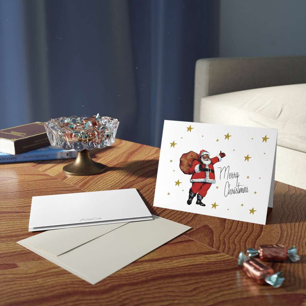Merry Christmas Santa Gold Stars Mid Century Retro Christmas Style Matte Greeting Cards (8, 16, and 24 pcs)