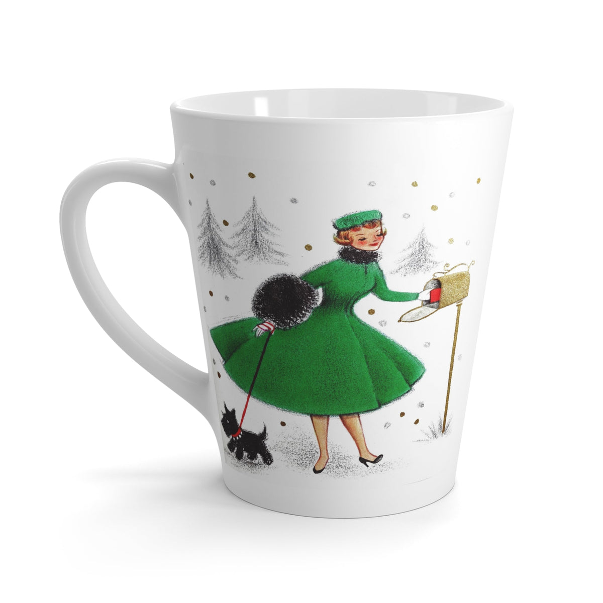 Christmas Lady With Black Scottie Dog At Mailbox Mid Century Retro Christmas Print Latte Mug