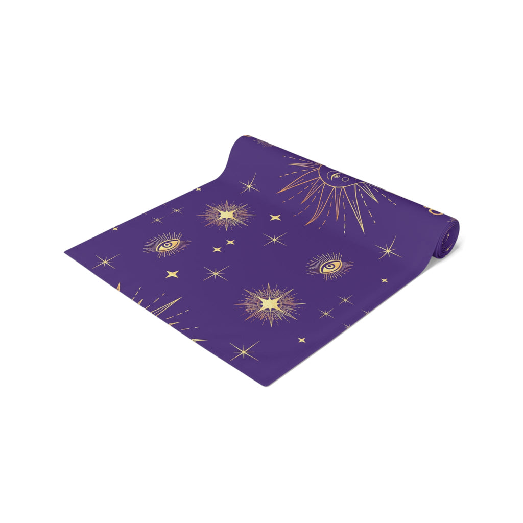 Celestial Gold Sun Stars Tarot Purple Cotton Poly Table Runner