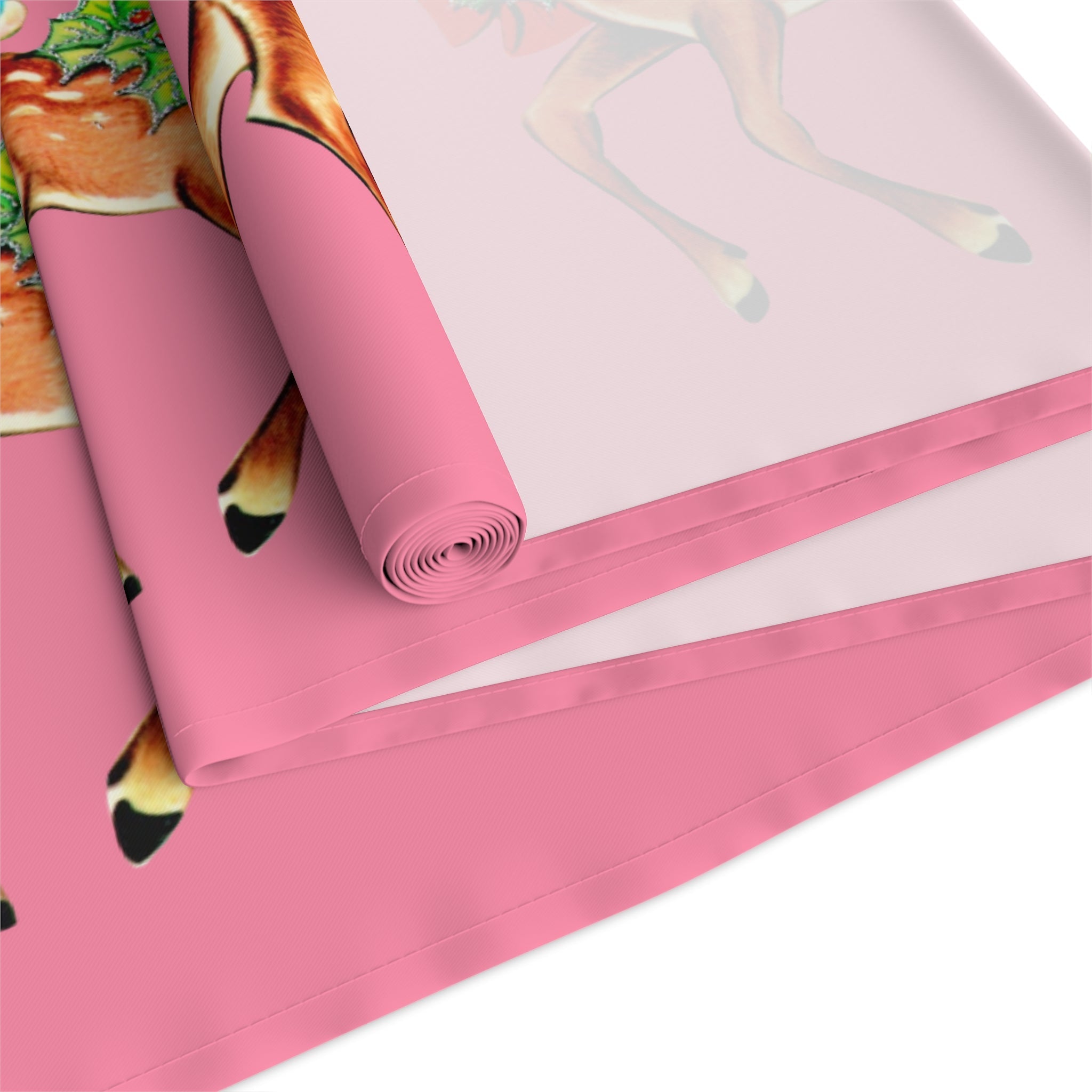 Reindeer With Bluebirds Retro Christmas Pink Polyester Table Runner