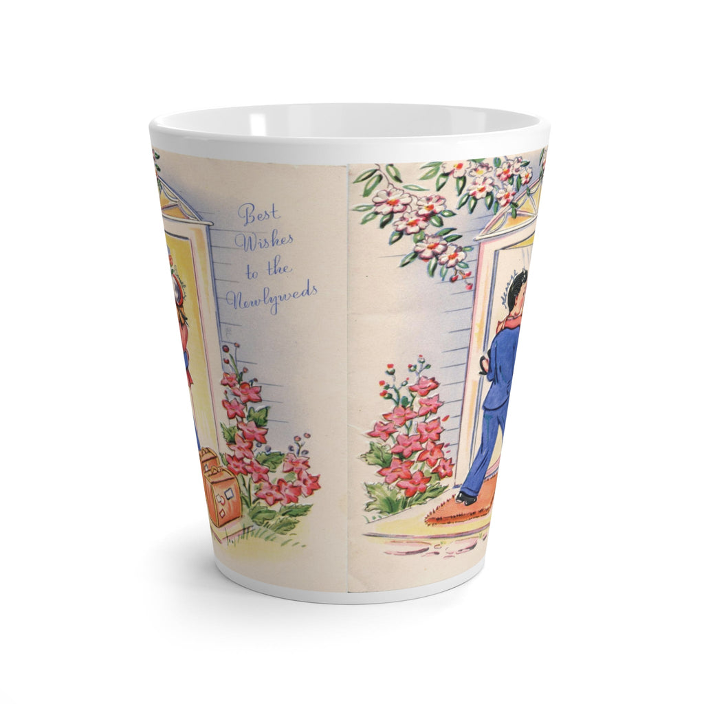 Midcentury New Beginnings: Retro Couple Crossing Threshold Latte Mug - Ideal Wedding & Housewarming Gift