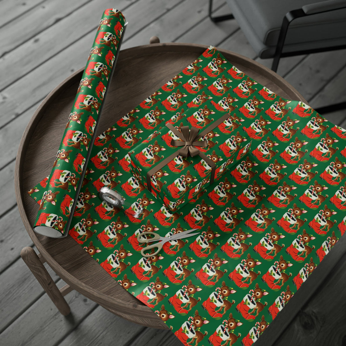 Reindeer With Stocking Mid Century Retro Christmas Print Holiday Gift Wrap Paper - Glossy Or Matte