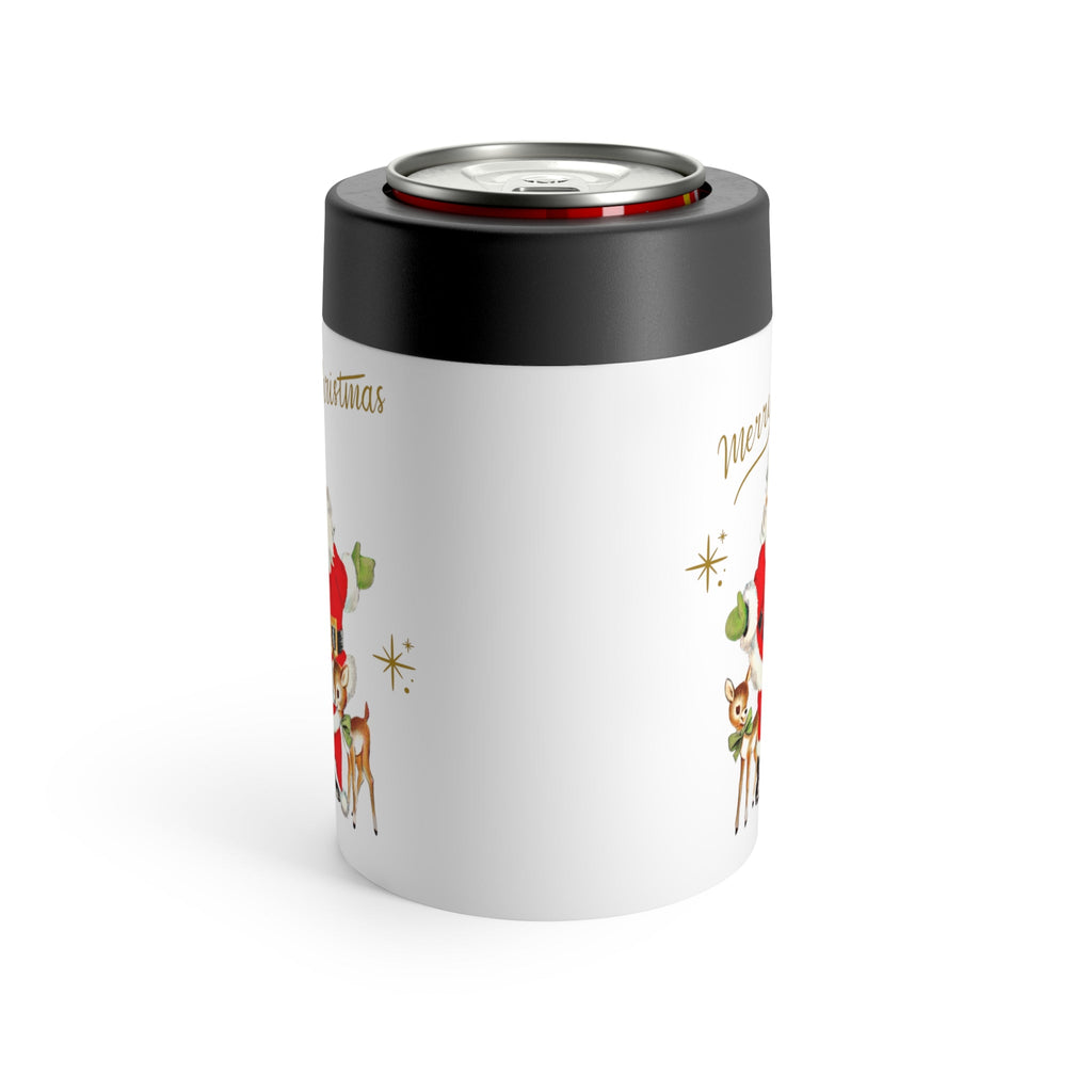 Merry Christmas Santa Baby Reindeer Gold Stars Mid Century Retro Christmas Print Stainless Steel Can Holder