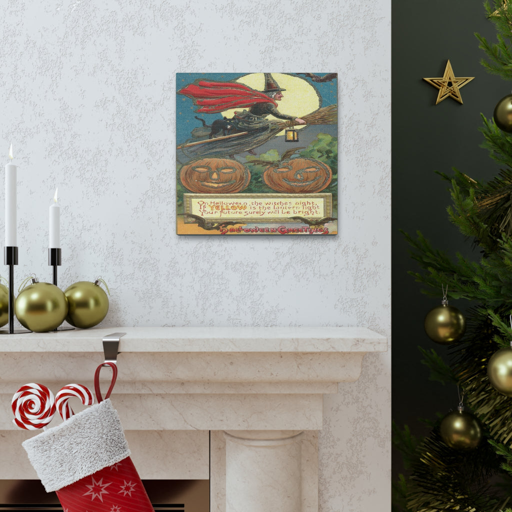 Witch Black Cat Retro Halloween Decor Print Canvas Gallery Wrap