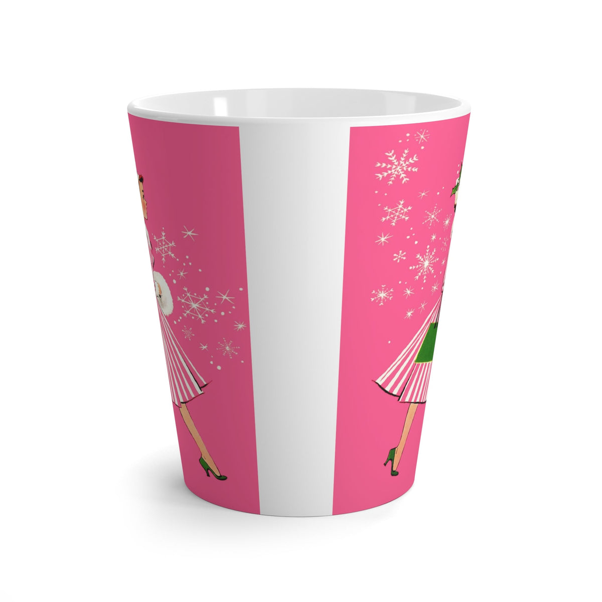 Pink Christmas Lady Mid Century Retro Christmas Print Latte Coffee Mug