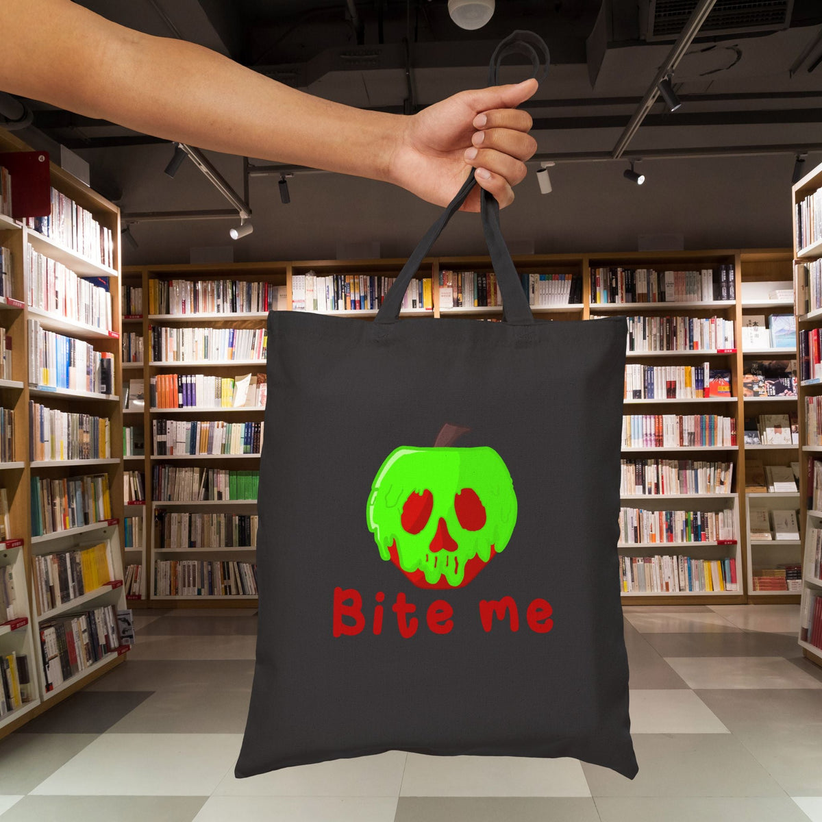Bite Me Poison Apple Snow White Evil Queen Cotton Canvas Halloween Tote Bag