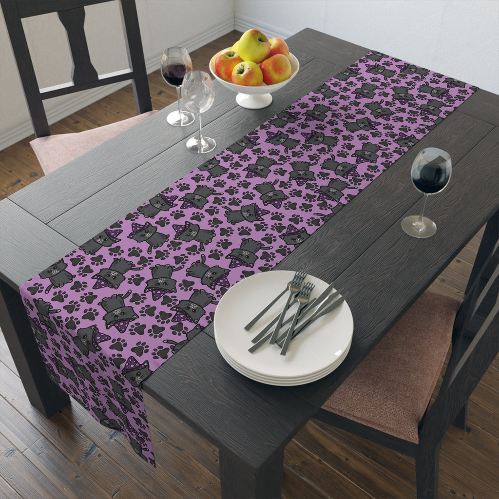 Witchy Kitties Cute Halloween Print Fall Autumn Decor Purple Cotton Poly Table Runner