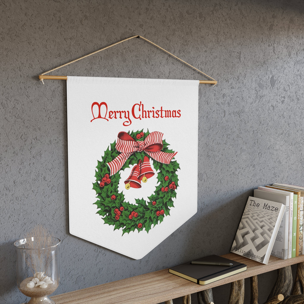 Merry Christmas Wreath Retro Mid Century Christmas Print Wall Hanging Banner Flag