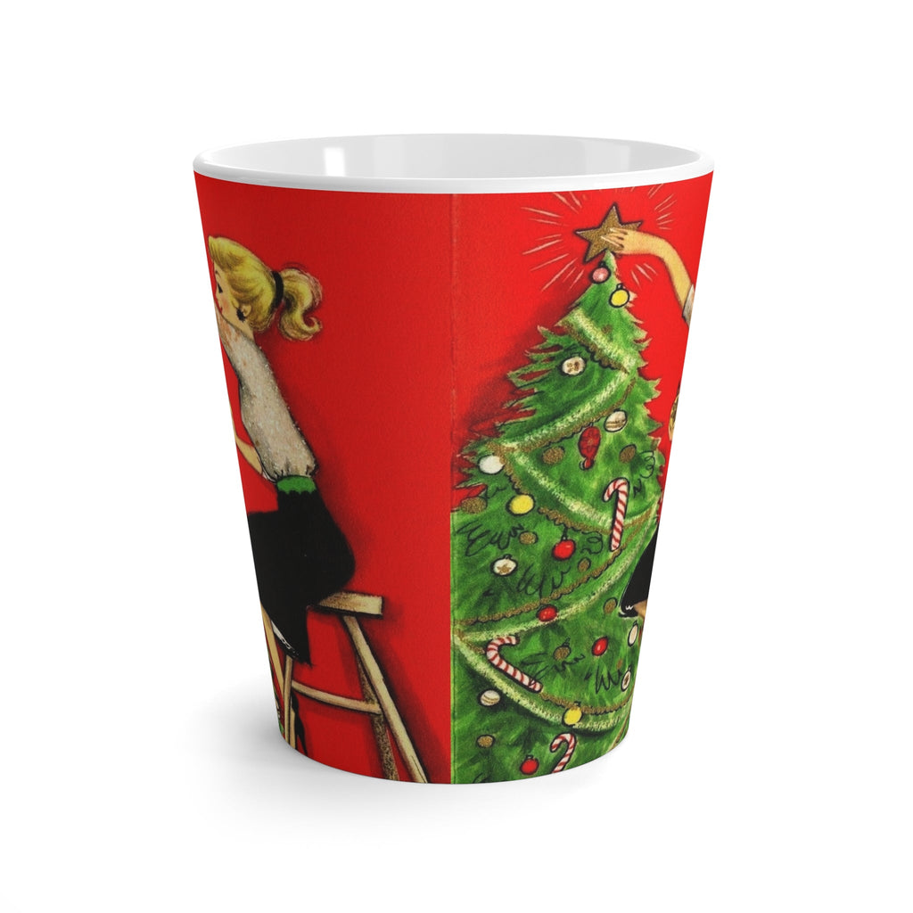 Lady Decorating Christmas Tree Mid Century Retro Christmas Print Latte Coffee Mug