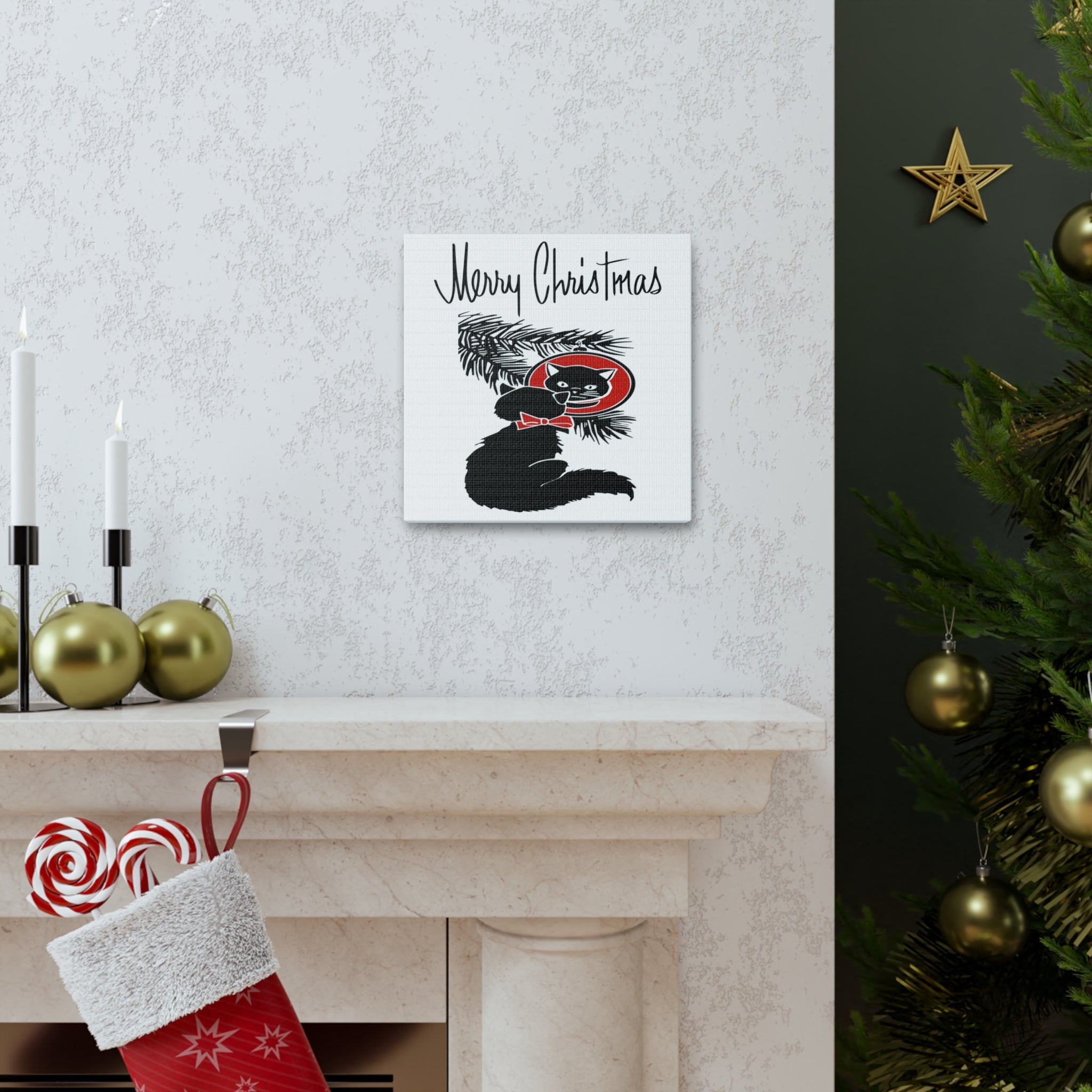 Merry Christmas Black Cat Retro Print Canvas Gallery Wrap