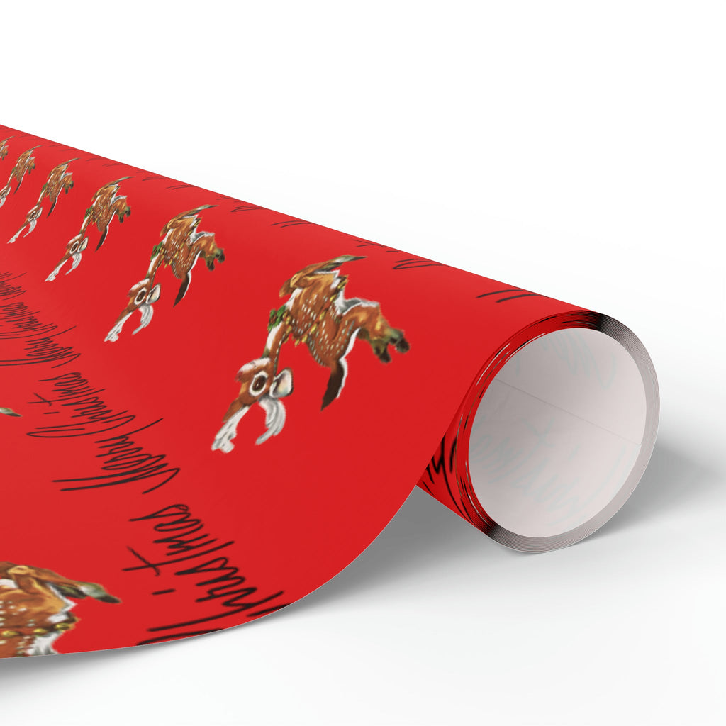 Merry Christmas Leaping Reindeer Red Mid Century Retro Christmas Print Holiday Gift Wrap Paper - Glossy Or Matte