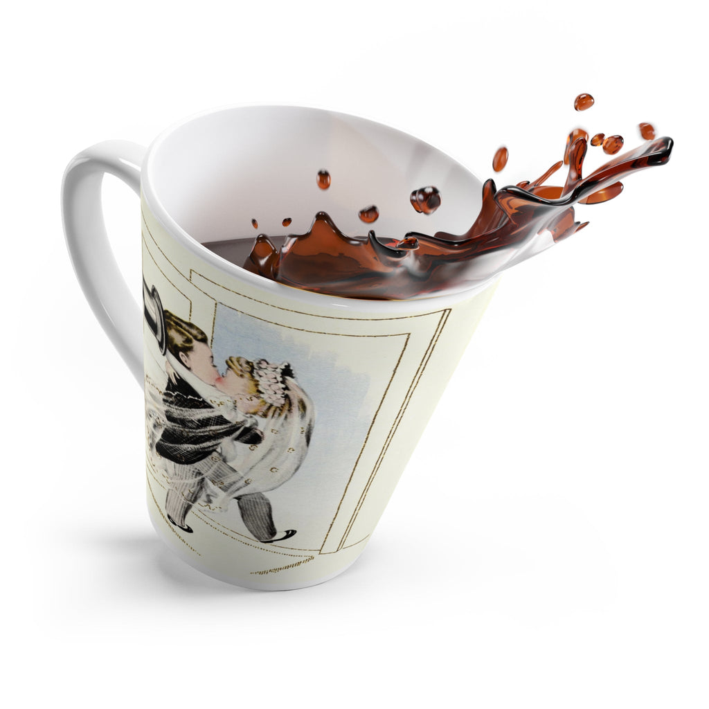 Embrace Midcentury Romance: Bride and Groom Crossing Threshold Latte Mug