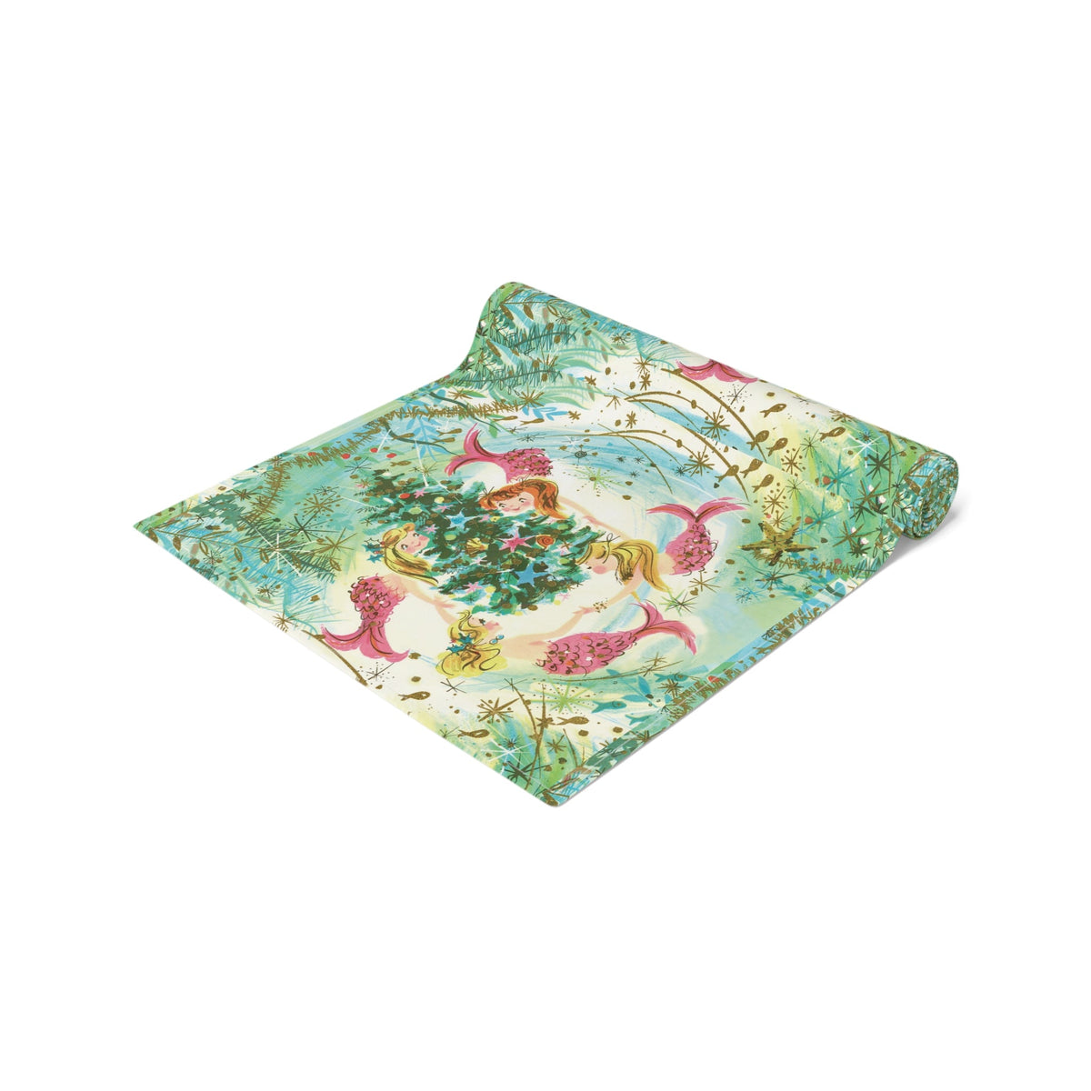 Mermaids Under The Sea Around The Christmas Tree Retro Polyester Table Runner