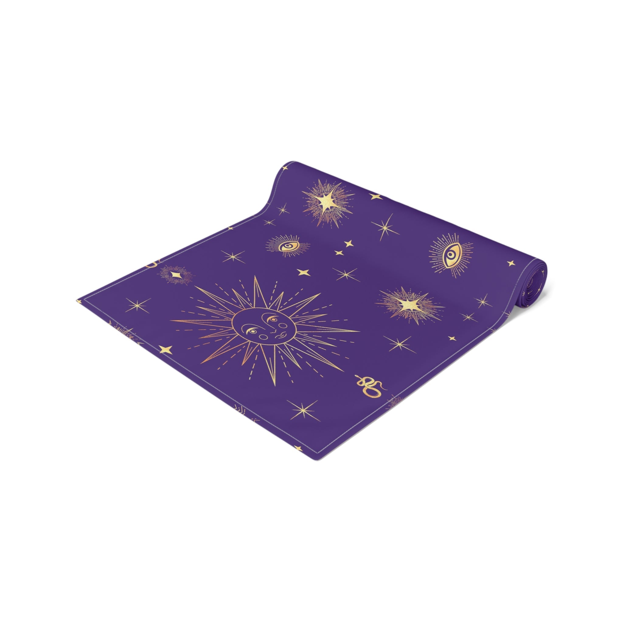 Celestial Gold Sun Stars Tarot Purple Cotton Poly Table Runner