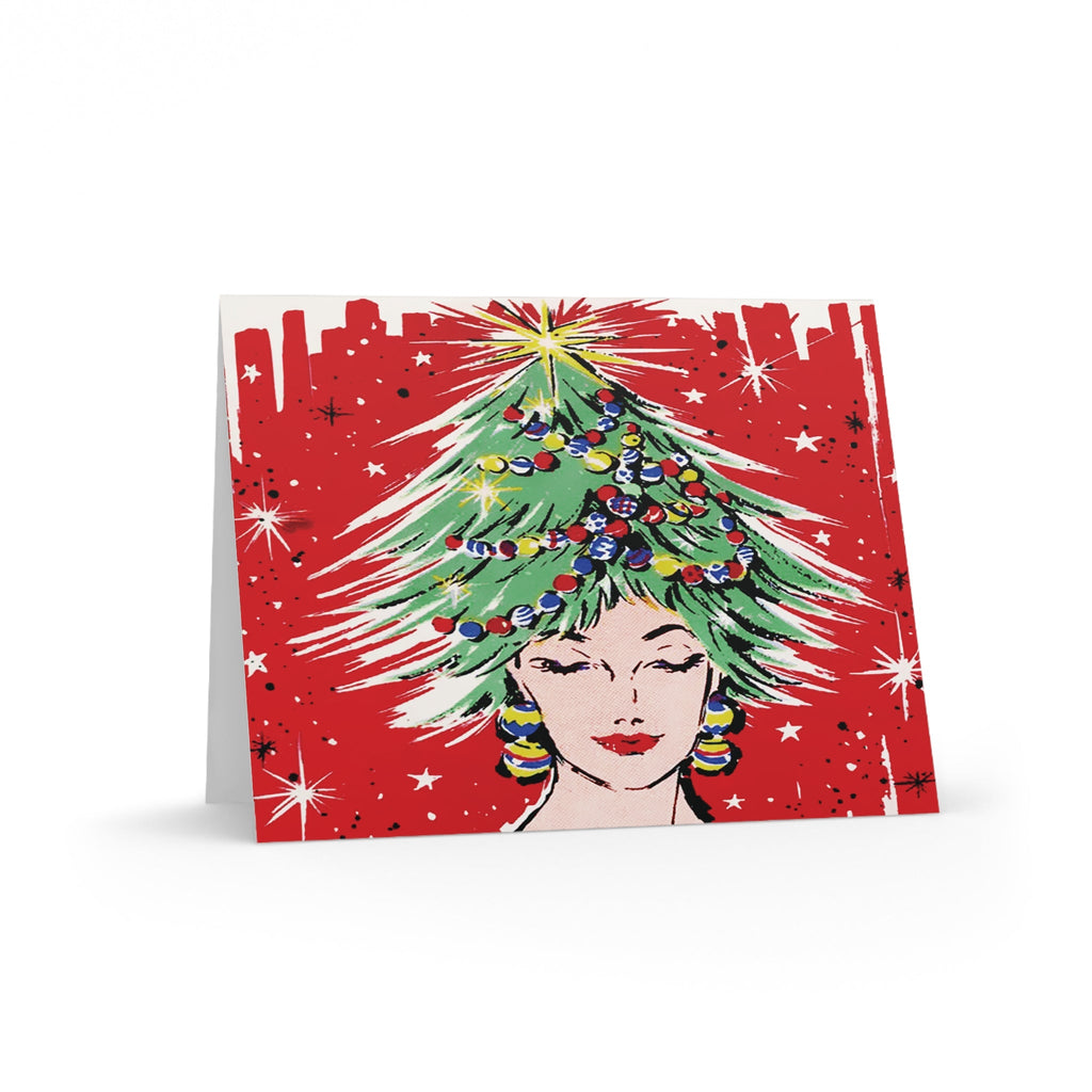 Christmas Tree Hat Lady Mid Century Retro Christmas Print Matte Greeting Cards (8, 16, and 24 pcs)