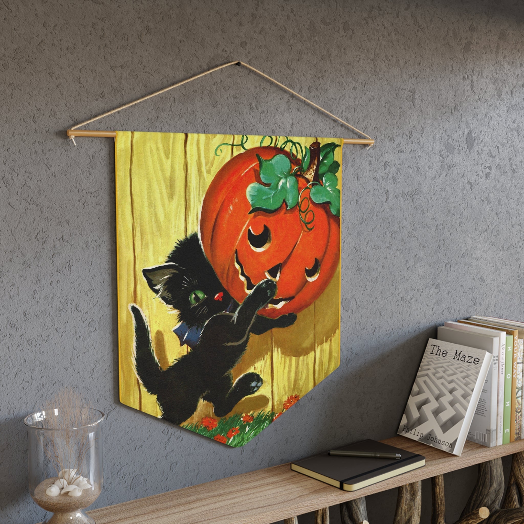 Cute Black Cat Pumpkin Jack O Lantern Retro Halloween Print Wall Hanging Banner Flag