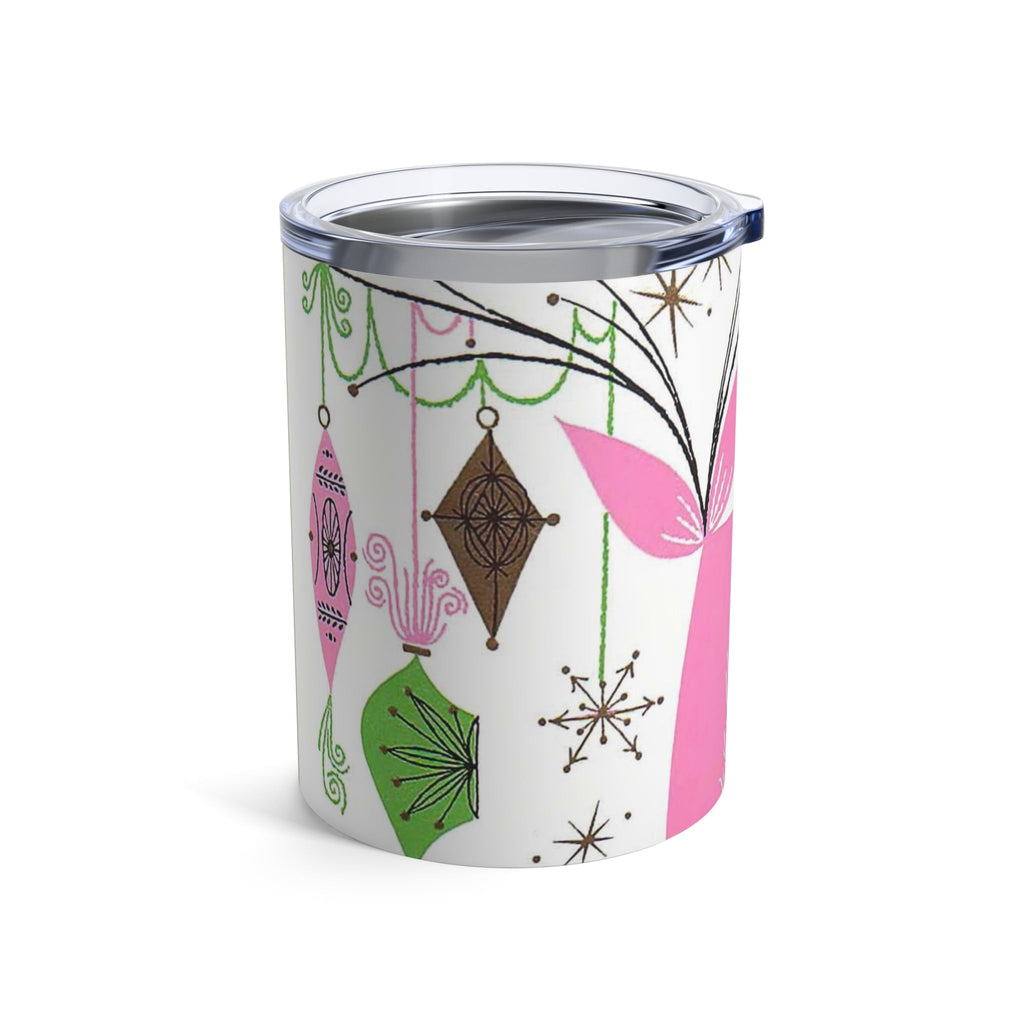 Pink Reindeer With Ornaments Mid Century Retro Christmas Print Stainless Steel Tumbler 10oz